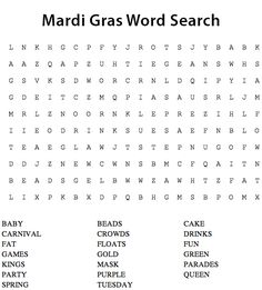 the word search for mardi gras is shown in black and white with red letters