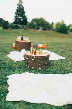 two picnic tables with drinks on them in the middle of a grassy area next to a tree stump