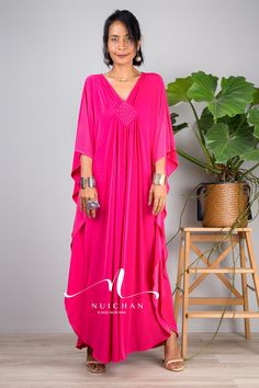 "Pink Maxi Dress, Petite kaftan, Evening Dress for small, Maternity dress, pre wedding dress, loose fit dress, fuchsia dress, summer caftan dress, hot pink dress Petite to Small version : up to US 12 - UK 14 - EU 40 * Chest : up to 42\" * Waist : free up to 42\" * Hips : free up to 42\" * Length : 50.5\" from shoulder to hem MATERIAL  * ITY Polyester * No lining  Elegant Collection --> Produced by NUICHAN & Co   MODEL :  * Model chest : 32\", waist : 24\" hips : 35\"  * Combined Height is 5\"6 > Pink V-neck Kaftan For Vacation, Elegant Pink Kaftan For Beach Cover-up, Pink V-neck Tunic For Beach Cover-up, Elegant Pink Beach Cover-up Dress, Elegant Pink V-neck Kaftan, Elegant Pink Dress For Beach Cover-up, Pink V-neck Kaftan For Beach Cover-up, Pink V-neck Tunic For The Beach, Pink Flowy Tunic For Vacation