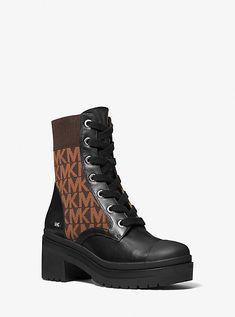 Defined by a treaded rubber sole and sturdy heel, our Brea boot will inject any look with a downtown-cool sensibility. It’s crafted from leather and features our repeat “MK” pattern, while the lace-up vamp lends edgy appeal. Pair them with distressed denim or juxtapose the structured pair with a flirty dress. Boot Casual Outfit, Nba Game, Winter Fashion Outfits Casual, Knee Boot, Combat Boot, Women Boots, Hot Shoes, Pretty Shoes, Fall Fashion Outfits