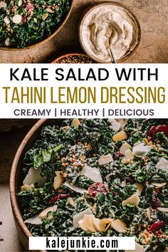 kale salad with tahini lemon dressing in a bowl next to other food items