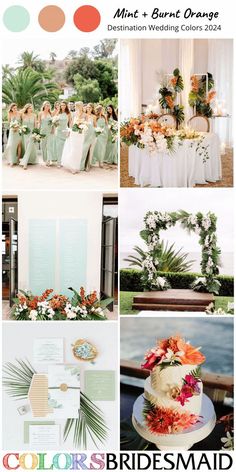 wedding color palettes for the bride and groom in mint green, peach, orange, coral