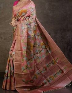 Ready to ship Pink Kalamkari Print Saree, Pink Art Silk Saree With Kalamkari Print, Pink Unstitched Kalamkari Print Saree, Pink Unstitched Saree With Kalamkari Print, Pink Chanderi Kalamkari Print Saree, Pink Chanderi Saree With Kalamkari Print, Pink Silk Saree With Kalamkari Print, Artistic Silk Saree With Printed Motifs, Pink Art Silk Dupatta With Kalamkari Print