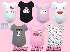 six different onesuits with hello kitty on them