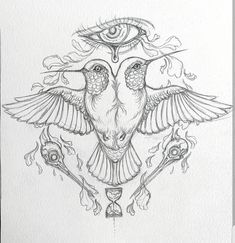 a drawing of two birds with an all seeing eye on their head and wings above them