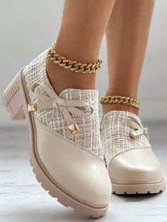 Apricot  Collar     Embellished   Women Shoes Trendy High Heels, Chic Type, Round Toe Heels, Comfy Shoes, Bag Dress, Heeled Loafers, Formal Shoes, Dress And Heels, Retro Look