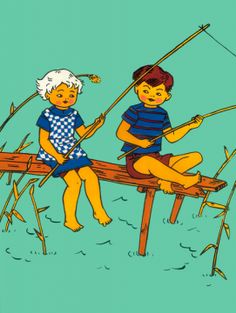 two children are sitting on a bench fishing