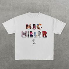 a white t - shirt with the word's name on it and pictures of different people