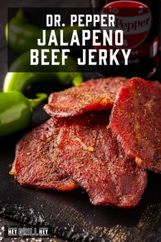 beef chops on a cutting board with peppers in the background and text overlay that reads dr pepper jalapeno beef jeky