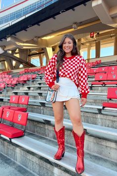 Bama Gameday Outfit, Uga Gameday Outfit, Alabama Gameday Outfit, Bama Gameday, Red Cowboy Boots Outfit, Womens Online Boutique, Autumn Essentials, Tailgate Outfit