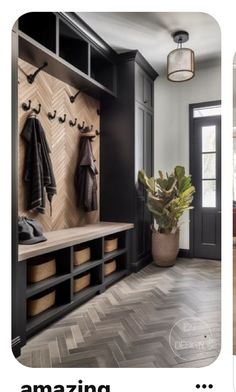 two pictures show the inside of a house with wood flooring and black cabinets, an entryway to another room