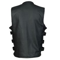 Mens Swat Style Motorcycle Biker Leather Vest With Two Concealed Gun Pockets - High Quality Leather Jackets For Sale | Dream Jackets On Jackethunt Leather Biker Vest For Winter, Winter Leather Vest For Biker Events, Winter Streetwear Leather Vest, Winter Motorcycling Leather Vest, Winter Leather Motorcycling Vest, Sleeveless Biker Leather Jacket For Biker Events, Black Sleeveless Moto Outerwear, Black Leather Moto Vest, Sleeveless Leather Outerwear For Biker Events