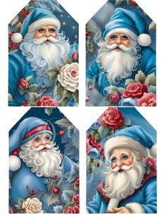 four different pictures of santa claus with roses and holly wreaths on his chest, in blue