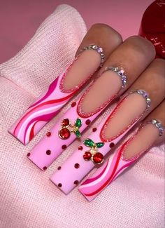 Nail Art Ideas At Home, Acrylic Nails Glitter, Nails Aesthetics, Uñas Aesthetic, Vintage Nails, Cherry Nails, Glamour Nails