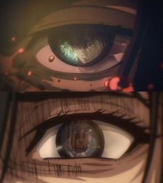 an anime character's eye is shown in the foreground with another person looking on