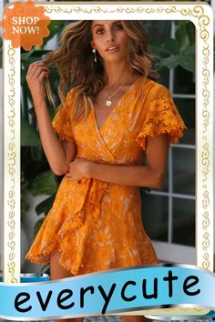 Orange Flutter Sleeve Wrap V Neck Floral Lace Short Dress Lace Short Dress, Short Dress Women, Floral Lace Shorts, Short Lace Dress, Lace Short, Mini Dresses, Women Dresses, Short Dress, Flutter Sleeve