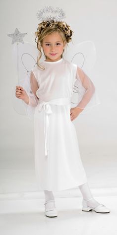 Girl's Heavenly Angel Costume - This is a simple elegant angel Halloween costume. The dress is slightly stretchy, long and white. The sleeves are wide ¾ length and sheer white. There is a long white tie-belt to tie around the waist. This costume also comes with a headband halo. The halo is silver tinsel. This angel outfit is not only a good Halloween costume but could also be worn for a Christmas / nativity pageant. #halloween #christmas #angel #kids #children #yyc #calgary #costume Angel Outfit, Angel Costume, Holiday Costumes, Halloween Costume Shop, Angel Dress