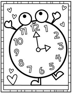 a black and white clock with hearts on the numbers for valentine's day coloring page