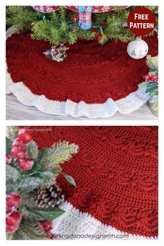 two pictures of a christmas tree skirt with pine cones on the bottom, and an image of