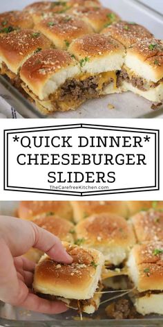 a close up of a sandwich with cheeseburger sliders in the background and text overlay that reads quick dinner cheeseburger sliders