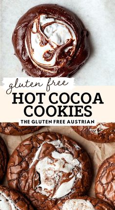 gluten free hot cocoa cookies with white chocolate frosting on top and in the middle