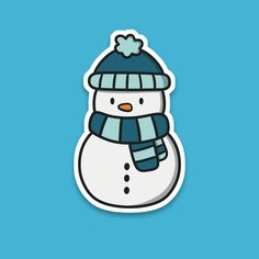 a snowman sticker with a blue hat and scarf on it's head