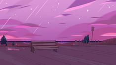 a bench sitting on top of a wooden floor under a purple sky