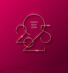 the happy new year's card is shown in gold on a pink background with sparkles