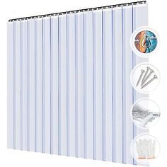 the vertical blinds are white and have blue stripes on them, along with an assortment of accessories