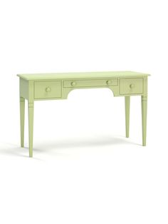 a small green desk with two drawers on one side and an open drawer on the other