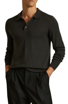 Fine-gauge wool provides luxe comfort in a trim polo knit with long sleeves that layers easily and looks splendid on its own. 26 1/2" length (size Medium) Point collar Long sleeves 100% wool Dry clean or hand wash, dry flat Imported Classic Long Sleeve Sweater For Formal Occasions, Formal Long Sleeve Cashmere Top, Fitted Fine Knit Collared Polo Sweater, Classic Wool Polo Sweater For Business, Classic Cashmere Polo Sweater For Business Casual, Casual Cashmere Polo Sweater With Seamless Collar, Classic Cashmere Polo Sweater For Layering, Luxury Polo Collar Sweater For Work, Fitted Cashmere Polo Sweater With Ribbed Collar