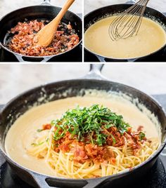 the process of making pasta in a skillet