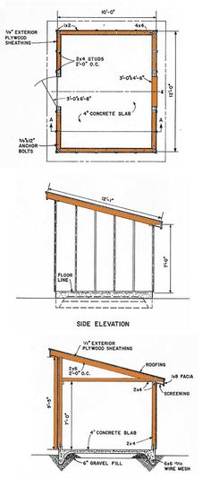 two plans for the side elevation and top section of a building, with measurements on each side