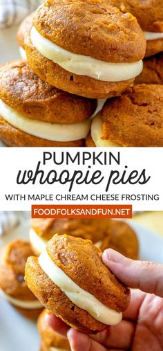 pumpkin whoopie pies with maple cream cheese frosting are stacked on top of each other