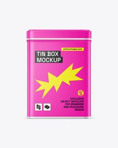 pink tin box with yellow stars on the front and bottom, mockup for packaging