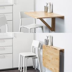 two pictures of chairs and a table with cups on it in front of white cabinets