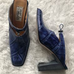 New Never Worn Genuine Leather Alligator Shoes Luxury Blue Mules, Blue Leather Mules With Leather Sole, Luxury Blue Leather Mules, Blue Leather Mules For Evening, Blue Leather Heels With Square Toe, Chic Blue Square Toe Mules, Designer Blue Heels With Leather Sole, Alligator Shoes, How To Make Shoes