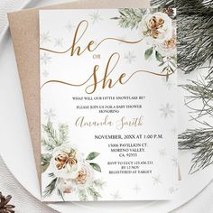 Winter Floral Gender Reveal Baby Shower Invitation Editable Blank Winter Baby Gender Reveal Ideas, Floral Gender Reveal, Gender Reveal Ideas, Outside Baby Showers, Woodland Baby Shower Invitations, Baby Pregnancy