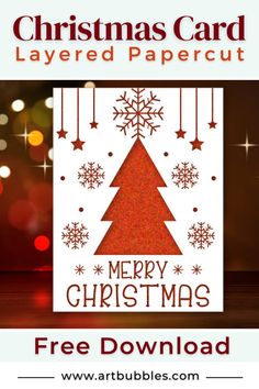 a christmas card with a tree and snowflakes