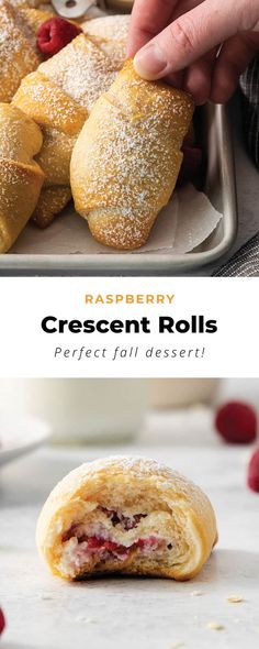 raspberry crescent rolls with powdered sugar on top, and the bottom one is cut in half