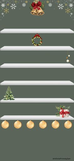 a set of christmas shelves with presents and decorations on them, all decorated in green