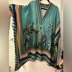 New, Never Worn Blank London By Anthropology Kaftan. Sizing Flexible And Can Fit Some Plus Size As Well. Green V-neck Kaftan With Vibrant Print, Green Floral Print V-neck Tunic, Green Floral Print Vacation Tunic, Green Floral Print Tunic For Vacation, Patterned V-neck Tunic For Summer, Blue Tunic For Spring, Free Size, Anthropologie Dress, Anthropology, Anthropologie Dresses