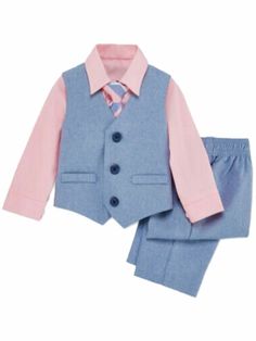 Infant Boys 4 Piece Blue & Pink Dress Up Suit Outfit With Tie & Vest 18M This stylish infant boy's suit includes pink button front shirt, blue vest & pants, multi color striped tie & is sure to be a favorite!ul> 4 Piece set Infant boy's sizes Shirt 55% Cotton 45% Polyester Pants/Vest 100% Polyester Made in Vietnam Payment We accept PayPal as our payment method. Immediate payment is required. If you have any questions about payment, please feel free to contact our customer support team. Return Po Outfit With Tie, Tie Vest, Suit Outfit, Blue Vest, Infant Boys, Blue Vests, Polyester Pants, Van Heusen