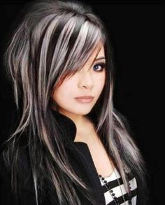 What do you think? Trying to hide the gray with gray??? Funky Hair Colors, Platinum Blonde Highlights, Beauty Corner, Dark Hair With Highlights, Funky Hairstyles, Hair Color Dark, Dark Brown Hair, Brunette Hair, Grey Hair