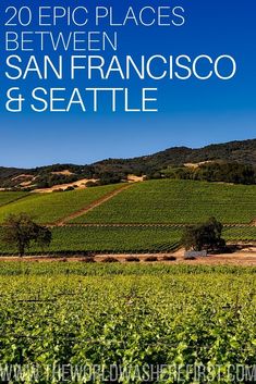 the cover of 20 epic places between san francisco and seattle, with an image of a vineyard