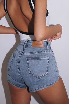 High Waist Denim Shorts, Stretch Denim Shorts, High Waist Denim, Denim Patterns, Plain Color, High Waisted Shorts Denim, 5 S, Womens Casual Outfits, Bandage Dress