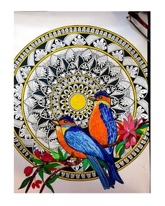 two colorful birds sitting on top of a flowery branch in front of a circular design