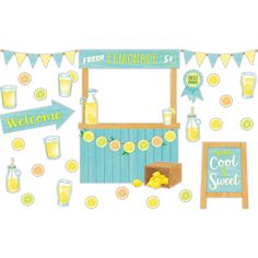 a watercolor drawing of lemonade stand with welcome signs and banners around it, along with fresh squeezed lemons