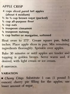 an apple crisp recipe is shown in the book, with instructions for how to make it