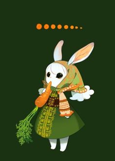 the rabbit is holding carrots in her hand and wearing a green dress with an orange scarf